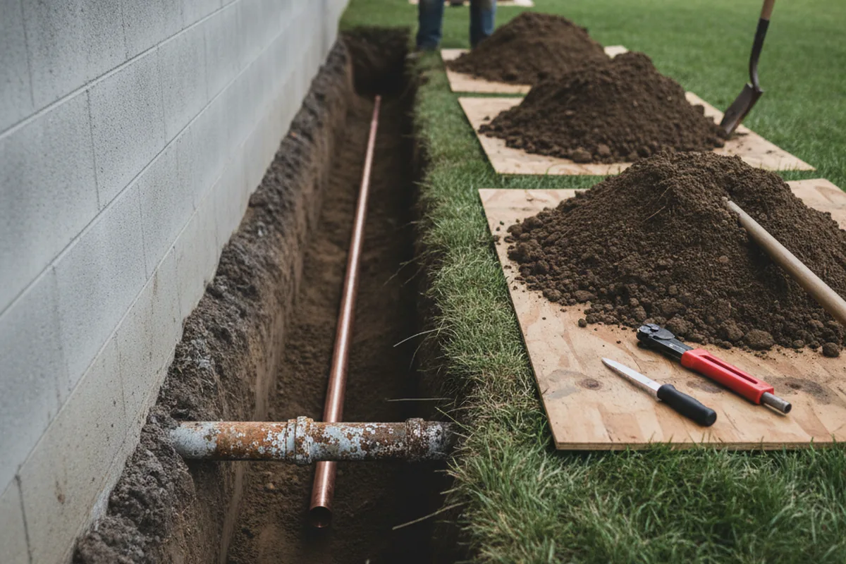 Excavated water line trench during Sewer Line Repair in Loveville